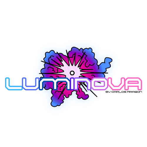 Logo of Luminova, showing a supernova bursting around the text in magenta, blue and white